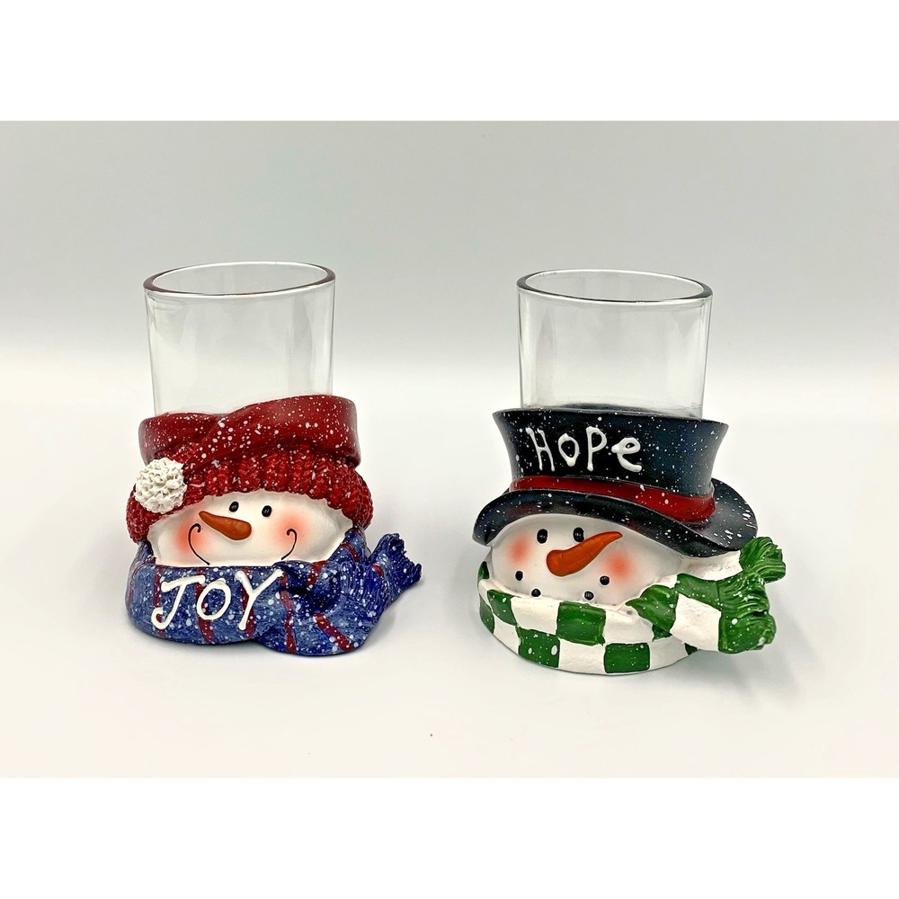 Yankee Candle 'Joy'‎ 'Hope' Top Hat Snowman Christmas Votive Candle Holder Set 2